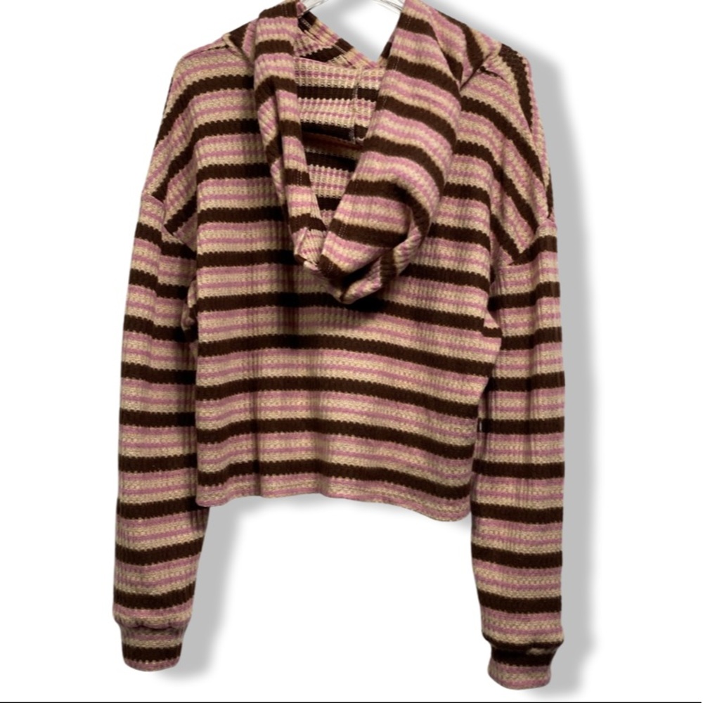 LUSH Cropped Hooded Pullover Sweater, Waffle Knit, Burgundy, Tan & Brown Stripes